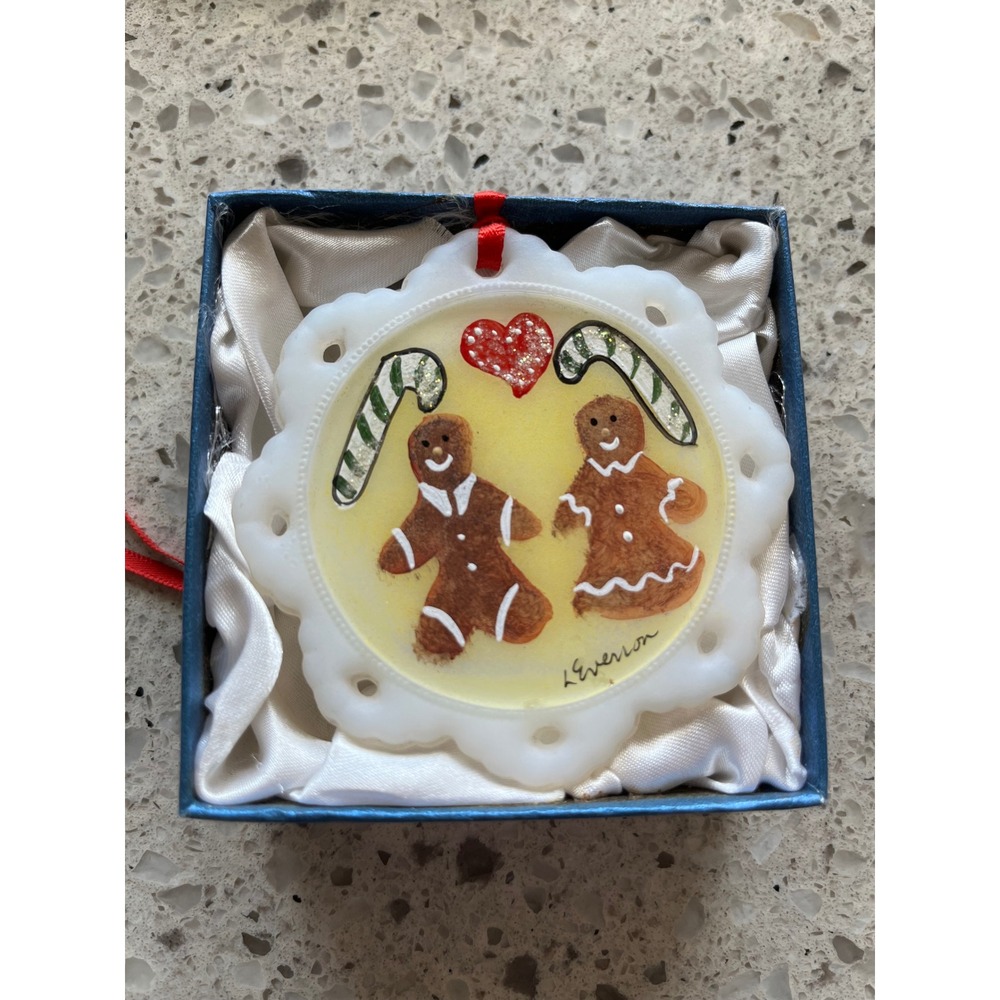 Fenton Milk Glass Gingerbread Couple Ornament Hand Painted Signed L Everson